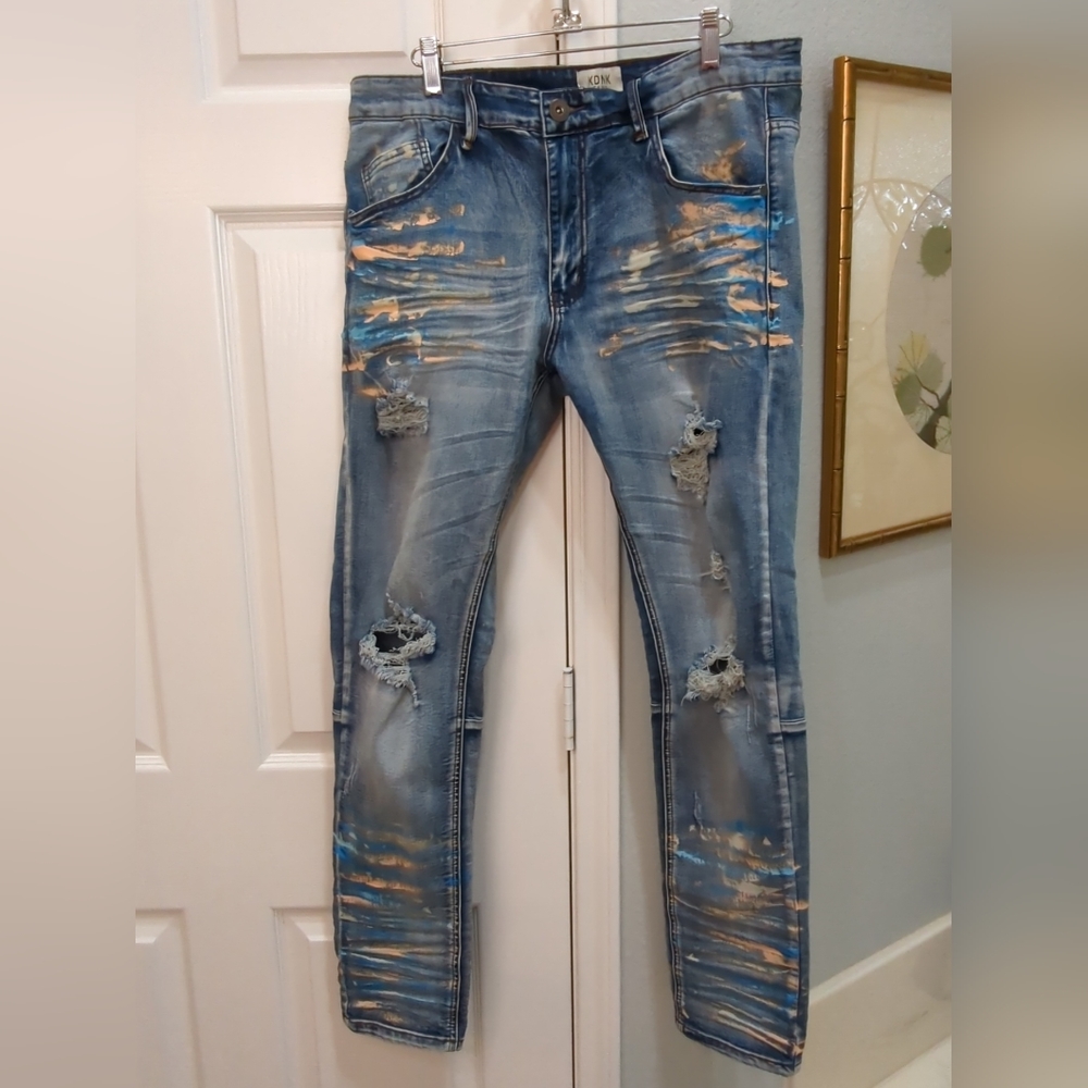 KDNK Jeans Men Size 36 Painted Distressed Blue Skinny Tapered